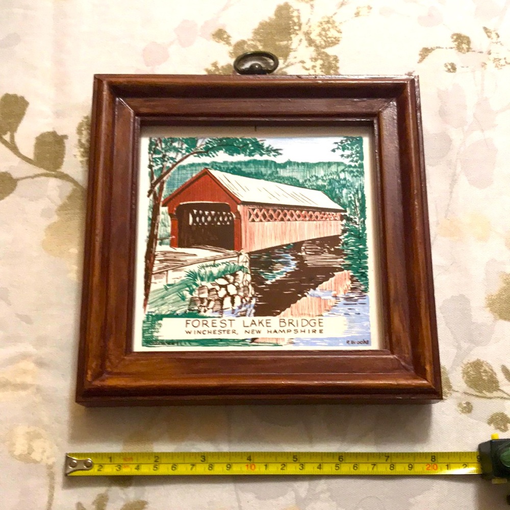 Vintage Porcelain Covered Bridge Tile/Trivet with Wood Frame
